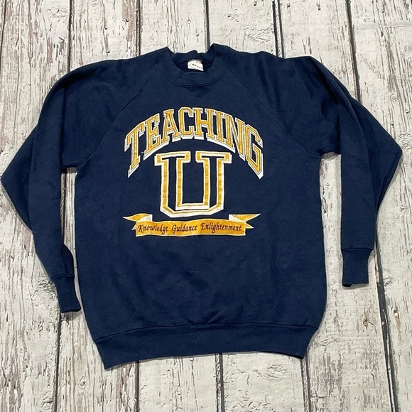 Vintage 1980 Teaching University Blue 80s Crewneck Pullover Sweatshirt - Picture 1 of 7